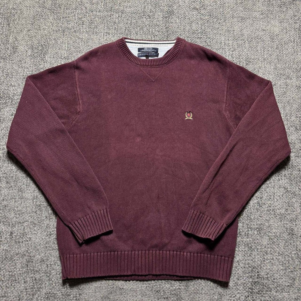 Tommy Hilfiger Crewneck Sweater Mens L Burgundy 90s Crest‎ Logo Cotton Knit